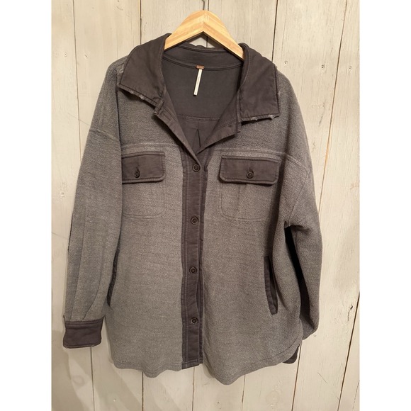 Free People Ruby Jacket M Shirt Shacket Grey Distressed Oversized Button Up - Picture 6 of 10